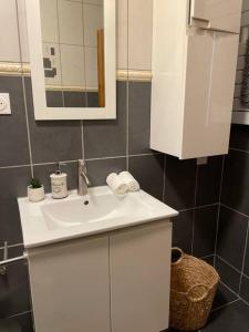 a bathroom with a white sink and a mirror at La maison douce in Lons-le-Saunier