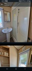 two pictures of a bathroom with a shower and a sink at Oakley in Rookley