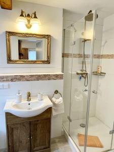 a bathroom with a sink and a shower with a mirror at Ferienheim Kuckuckswinkel - Familiensuite in Schöna