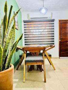 una mesa de madera y una silla en una habitación con una planta en Sweet home Ixtapa comfort en Ixtapa