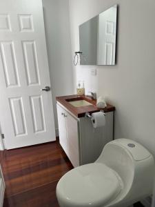 uma casa de banho com um WC, um lavatório e um espelho. em Travesía Quindiana em Filandia