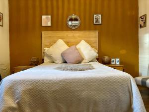 a bedroom with a large bed with pillows at Expreso trescrucesdos in Montevideo