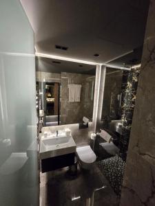uma casa de banho com um lavatório, um WC e um espelho. em Vojvoda Putnik em Vranje