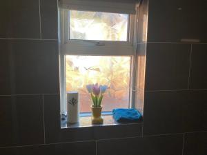 une fenêtre avec un vase de fleurs sur un rebord de fenêtre dans l'établissement Cosy Semi-Detached House To Stay In West Yorkshire, à Heckmondwike