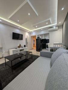 ein Wohnzimmer mit einem Sofa und einem TV an der Wand in der Unterkunft Top Belgrade Apartments in Belgrad