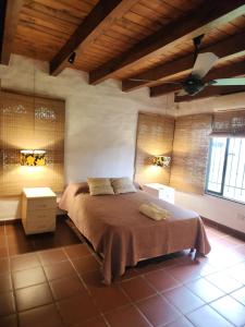 Casa BAUM في يربا بوينا: غرفة نوم بسرير ومروحة سقف