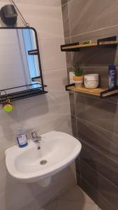 W łazience znajduje się biała umywalka i lustro. w obiekcie Fernand ville Oran w mieście Oran