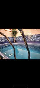 a swimming pool with a potted tree next to it at Caravan near Port Carlisle in Aikton