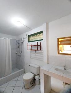een badkamer met een toilet, een wastafel en een douche bij Habitaciones en Vichayito in Vichayito