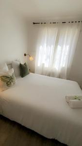 duże białe łóżko w pokoju z oknem w obiekcie Appartement avec une chambre w mieście Arles
