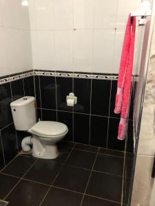 a bathroom with a toilet and pink towels at Residence al Rahma 02 in Monte ʼArrouit