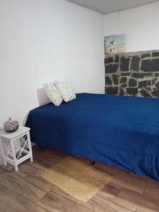 Schlafzimmer mit einem blauen Bett und einem Tisch in der Unterkunft Casa de Cristal-Retiros Esenciales Costa Rica in Cartago