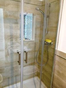 a shower with a glass door in a bathroom at Come stare sulla prua di una barca! in Giglio Porto