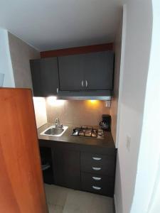 eine kleine Küche mit Spüle und Herd in der Unterkunft R.1112 Estudio ejecutivo, privado con cocina y baño. in Panama-Stadt