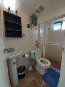 ein Badezimmer mit Toilette, Waschbecken und Dusche in der Unterkunft R.1112 Estudio ejecutivo, privado con cocina y baño. in Panama-Stadt