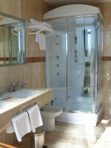 uma casa de banho com um chuveiro, um WC e um lavatório. em Hotel Gran Casona de Sanabria em Puebla de Sanabria
