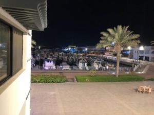 - Vistas al puerto deportivo por la noche con una palmera en Distinctive chalet in Dur.Marina, en Durat Alarous