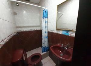 a bathroom with a red toilet and a sink at HOSTAL CALIFORNIA in Quito