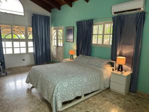 1 dormitorio con 1 cama con paredes y ventanas azules en Villa Ramos - Private Beachfront with a View, en Cabarete