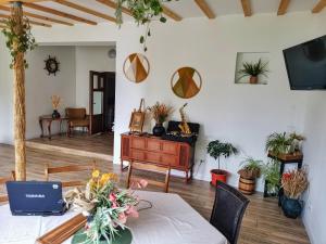 a living room with a table with a laptop on it at Vila lac lll in Năvodari
