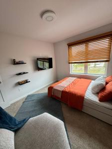 1 dormitorio con 1 cama, TV y ventana en Yosemite Mansion, en Hartford