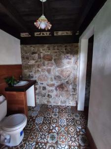 a bathroom with a toilet and a stone wall at VILLA ELENA un refugio en el bosque in El Manzanillo