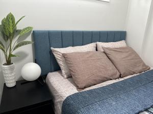 a blue couch with two pillows and a plant on a table at Tee's Haven in Calgary
