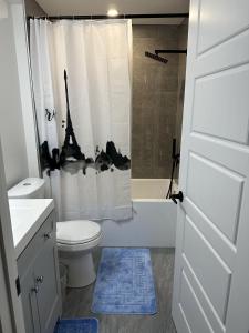 a bathroom with a toilet and a shower at Tee's Haven in Calgary
