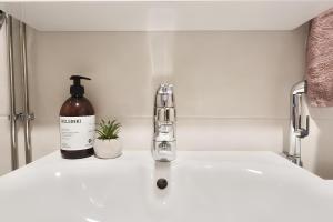 a sink with a bottle of soap and a soap dispenser at Spacious Haven near Mall and Convention Center in Helsinki