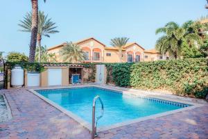 a swimming pool in front of a house with palm trees at Gold coast elegance with private pool in Noord