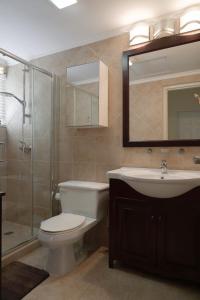 a bathroom with a toilet and a sink and a shower at Splendid 3 bedroom house with beauttiful pool in Noord