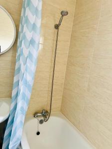 ducha con cortina azul y blanca en One Bedroom Flat/Apartment., en Bexleyheath