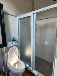 a bathroom with a toilet and a shower at Habitación#1 Casa Rosita a metros del Lago in San Pedro La Laguna