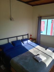 um quarto com uma cama com lençóis azuis e uma janela em terraza netzahualcoyotl em Tepoztlán