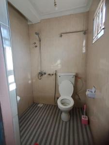 a bathroom with a shower and a toilet in it at Bigodi Community Lodge in Kamwenge