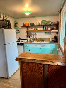 a kitchen with blue cabinets and a white refrigerator at Mt Rainier Little Green Cabin On Big Creek! in Ashford