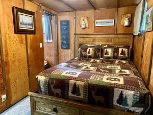 a bedroom with a bed in a cabin at Mt Rainier Little Green Cabin On Big Creek! in Ashford