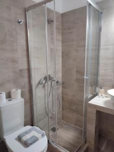 a bathroom with a shower with a toilet and a sink at ANATOLI ROOMS SERIFOS in Serifos Chora
