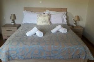 ein Schlafzimmer mit einem Bett mit zwei Handtüchern und zwei Lampen in der Unterkunft Bungalow Thalassa, am Strand und mit Mini-Pool in Kalamaki + 16 Fotos