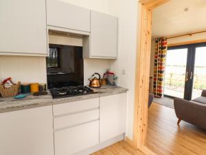 a kitchen with white cabinets and a stove at Ash Lodge in Morpeth