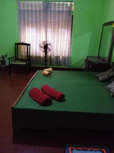 ein grünes Zimmer mit einem Bett mit roten Kissen darauf in der Unterkunft Dishari Homestay Tangalle in Tangalle