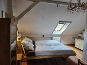 a bedroom with a bed in the attic with a chandelier at Alte Schule Brodowin in Chorin