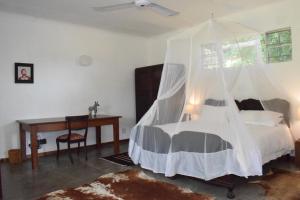 a bedroom with a bed with a mosquito net at Kruger Park Farmstay near Orpen Gate in Hoedspruit