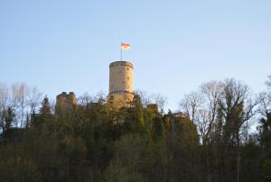 an old lighthouse on top of a hill with trees at Haus Schweiz in Bonn in Bonn