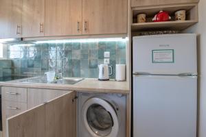 eine Küche mit einem Kühlschrank und einer Waschmaschine in der Unterkunft Marina Zeas Skydeck in Piräus
