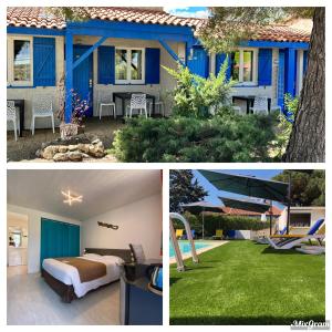 un collage de fotos de una casa y un dormitorio en Hotel Des 4 Vents "Esprit Camargue" en Aigues-Mortes