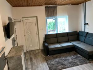 a living room with a couch and a window at Mineral Rubin apartman in Sóstófürdő