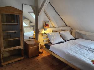 a small bedroom with a bed and a mirror at Alte Schule Brodowin in Chorin