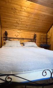 Bett in einem Zimmer mit Holzdecke in der Unterkunft Wood-House in Tatariw