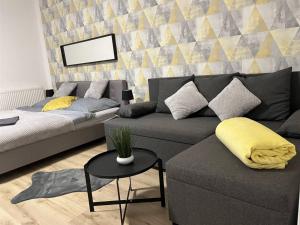 a living room with a couch and a table at Bereg Szíve Apartman in Vásárosnamény